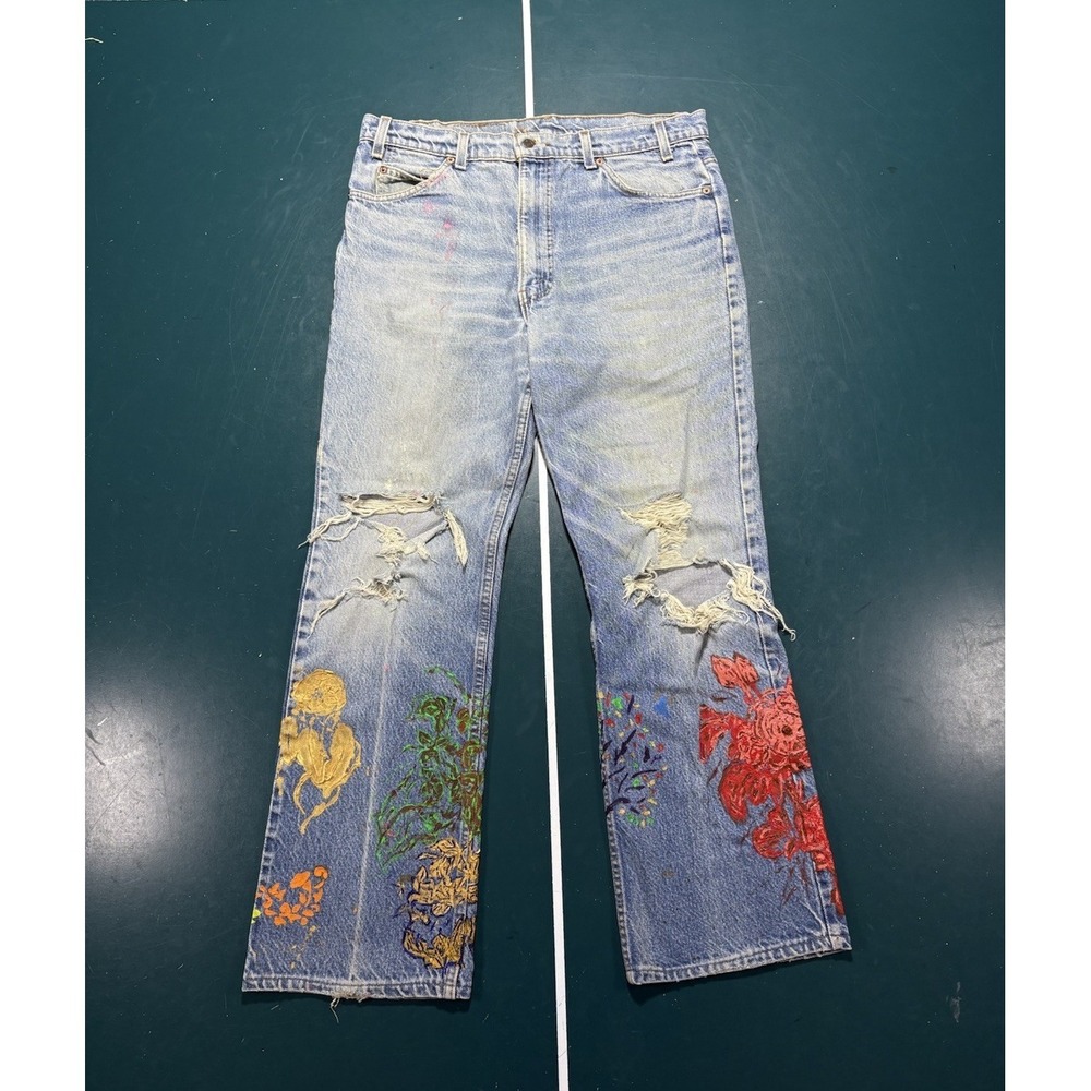 Vintage 90s Levis 517 Orange Tab Jeans 34x30 Hand Painted Distressed Bootcut USA